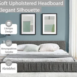Okwish Lit Double Capitonné 160x200 cm, Tête de Lit, Structure Bois d'Eucalyptus Métal, Chenille Doux, Gris Foncé, Sans Matelas