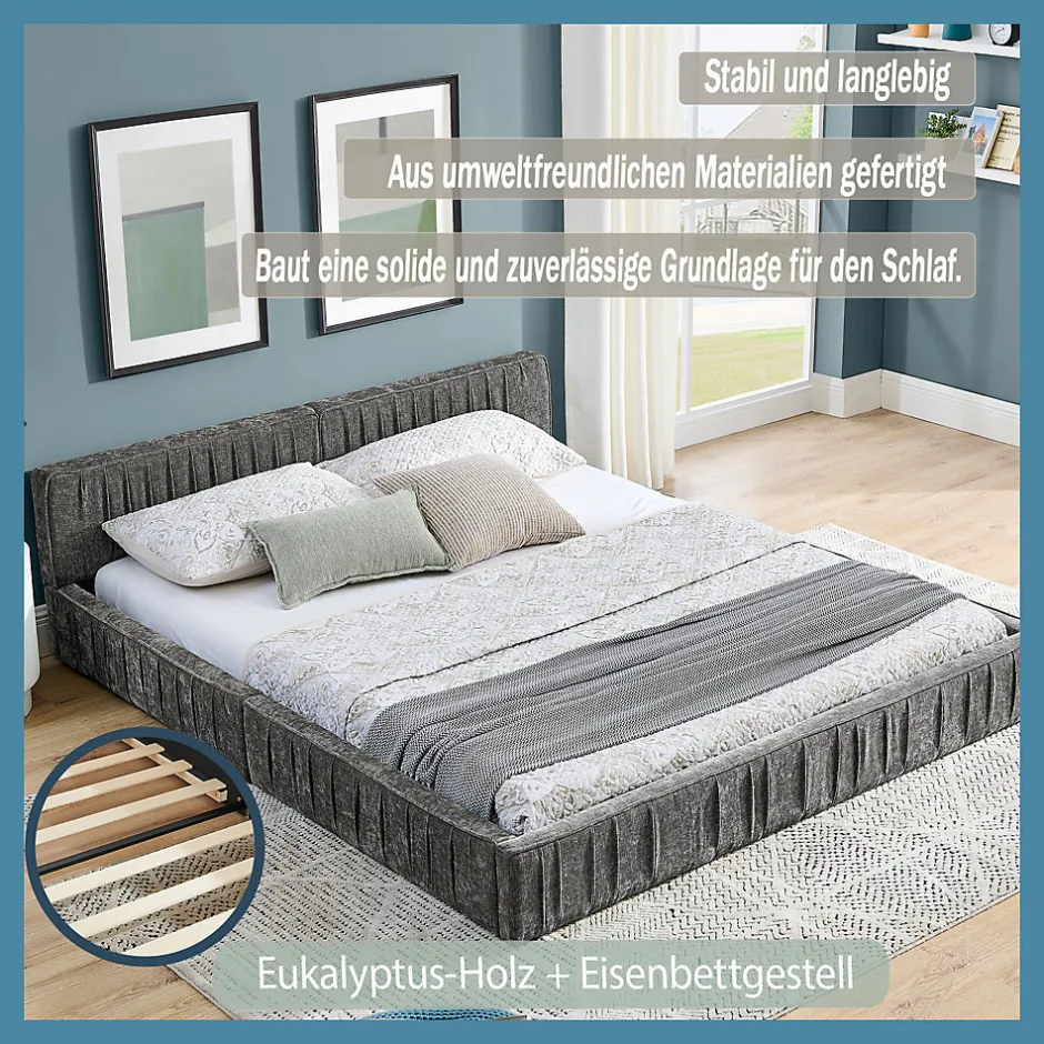 Okwish Lit Double Capitonné 160x200 cm, Tête de Lit, Structure Bois d'Eucalyptus Métal, Chenille Doux, Gris Foncé, Sans Matelas