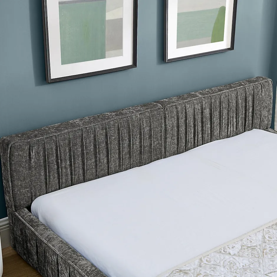 Okwish Lit Double Capitonné 160x200 cm, Tête de Lit, Structure Bois d'Eucalyptus Métal, Chenille Doux, Gris Foncé, Sans Matelas