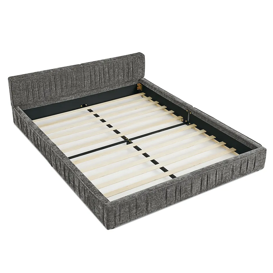 Okwish Lit Double Capitonné 160x200 cm, Tête de Lit, Structure Bois d'Eucalyptus Métal, Chenille Doux, Gris Foncé, Sans Matelas