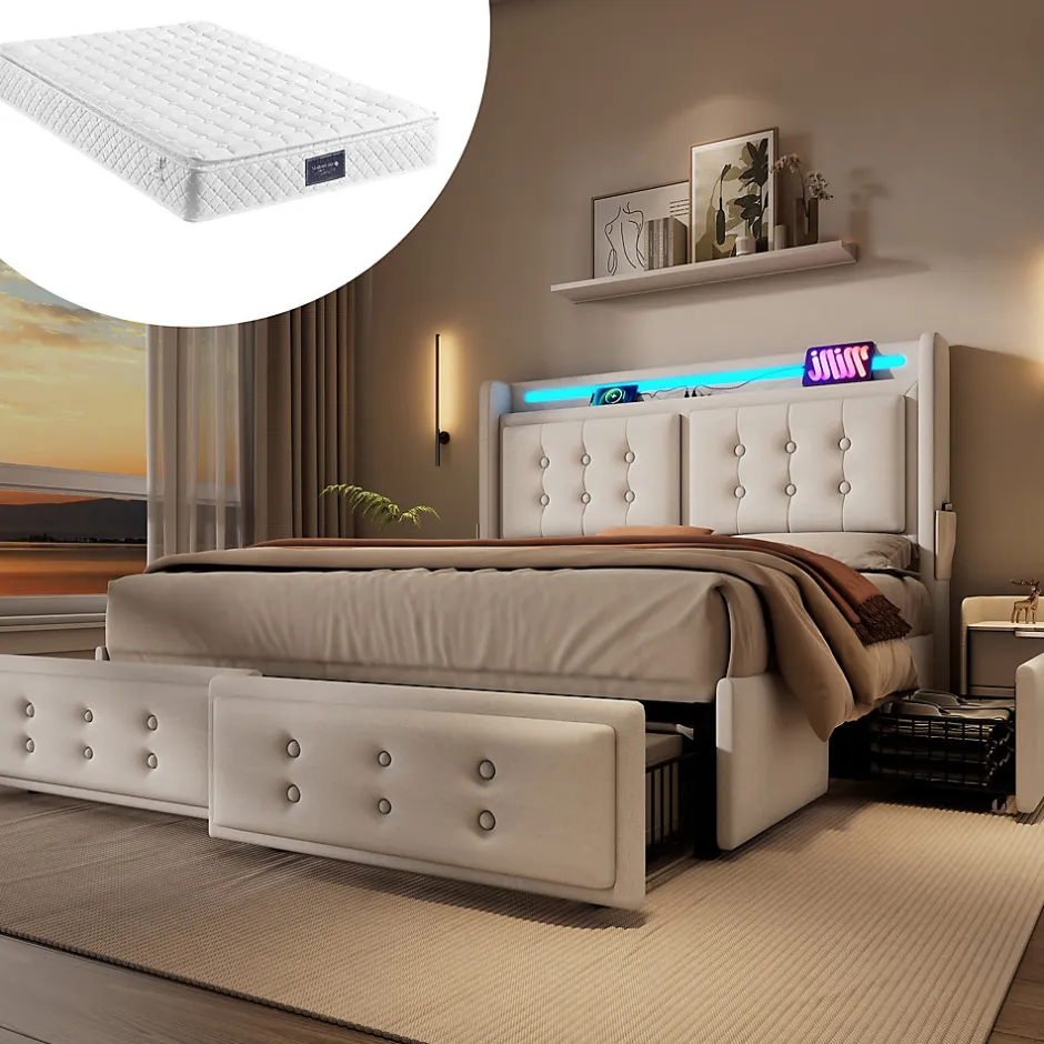 Okwish Lit double capitonné 140x200 cm avec 4 Tiroirs de Rangement, Éclairage LED et Ports USB-C, Bois et Métal, Beige, Matelas Inclus