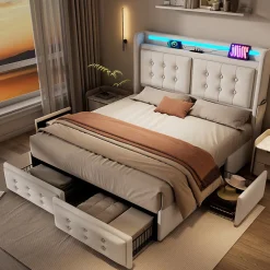 Okwish Lit double capitonné 140x200 cm avec 4 Tiroirs de Rangement, Éclairage LED et Ports USB-C, Bois et Métal, Beige, Matelas Inclus