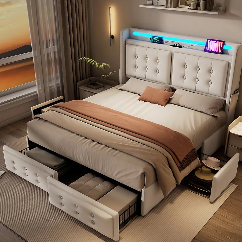 Okwish Lit double capitonné 140x200 cm avec 4 Tiroirs de Rangement, Éclairage LED et Ports USB-C, Bois et Métal, Beige, Matelas Inclus