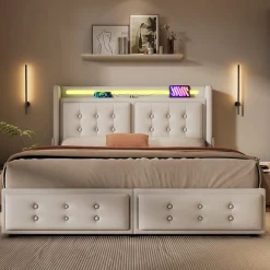 Okwish Lit double capitonné 140x200 cm avec 4 Tiroirs de Rangement, Éclairage LED et Ports USB-C, Bois et Métal, Beige, Matelas Inclus