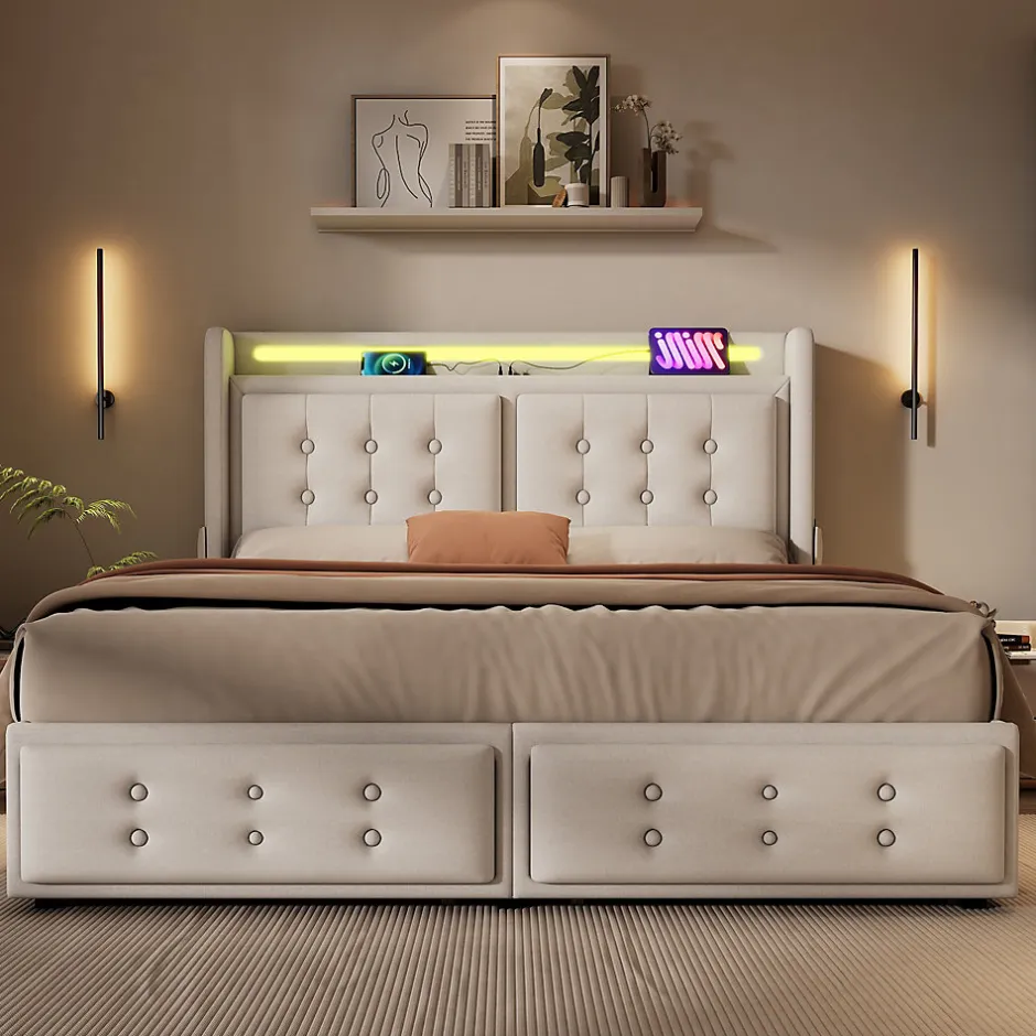 Okwish Lit double capitonné 140x200 cm avec 4 Tiroirs de Rangement, Éclairage LED et Ports USB-C, Bois et Métal, Beige, Matelas Inclus