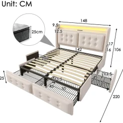 Okwish Lit double capitonné 140x200 cm avec 4 Tiroirs de Rangement, Éclairage LED et Ports USB-C, Bois et Métal, Beige, Matelas Inclus