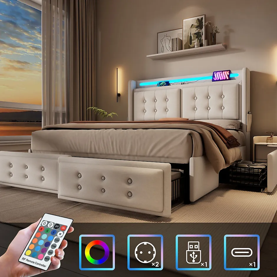 Okwish Lit double capitonné 140x200 cm avec 4 Tiroirs de Rangement, Éclairage LED et Ports USB-C, Bois et Métal, Beige, Matelas Inclus