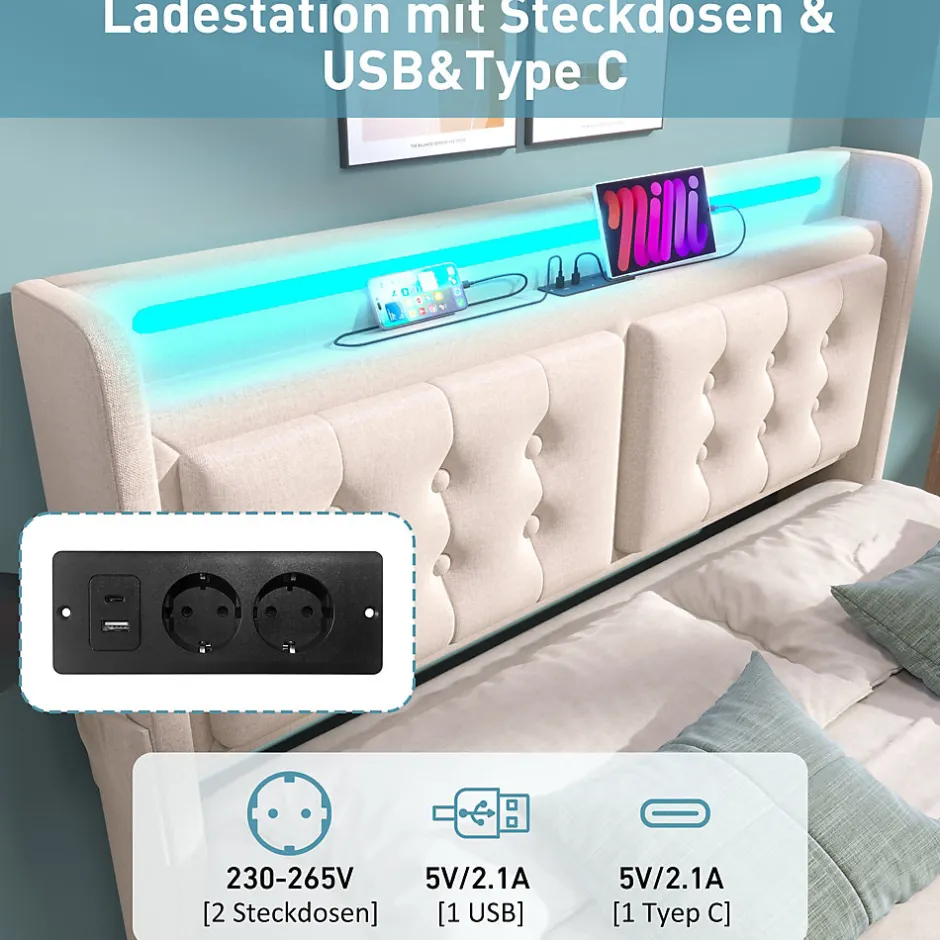 Okwish Lit double capitonné 140x200 cm avec 4 Tiroirs de Rangement, Éclairage LED et Ports USB-C, Bois et Métal, Beige, Matelas Inclus