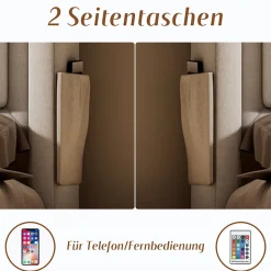 Okwish Lit double capitonné 140x200 cm avec 4 Tiroirs de Rangement, Éclairage LED et Ports USB-C, Bois et Métal, Beige, Matelas Inclus
