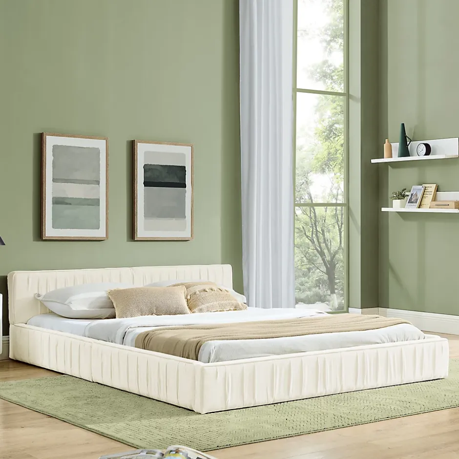 Okwish Lit Double Capitonné 140x200 cm, Tête de Lit, Structure Bois d'Eucalyptus Métal, Chenille Doux, Beige, Sans Matelas