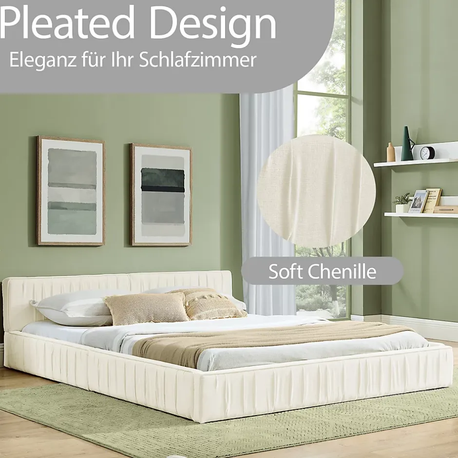Okwish Lit Double Capitonné 140x200 cm, Tête de Lit, Structure Bois d'Eucalyptus Métal, Chenille Doux, Beige, Sans Matelas