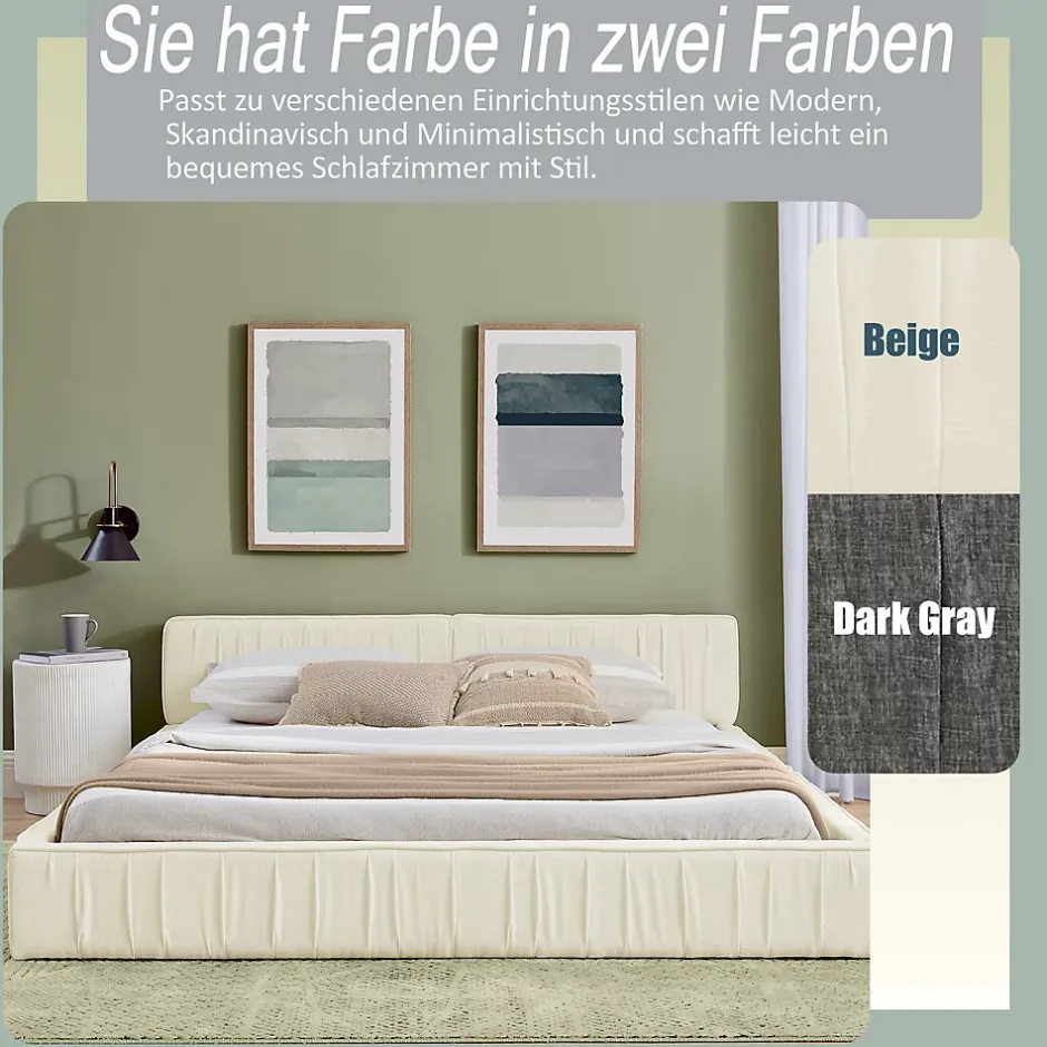 Okwish Lit Double Capitonné 140x200 cm, Tête de Lit, Structure Bois d'Eucalyptus Métal, Chenille Doux, Beige, Sans Matelas