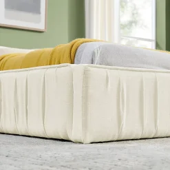 Okwish Lit Double Capitonné 140x200 cm, Tête de Lit, Structure Bois d'Eucalyptus Métal, Chenille Doux, Beige, Sans Matelas