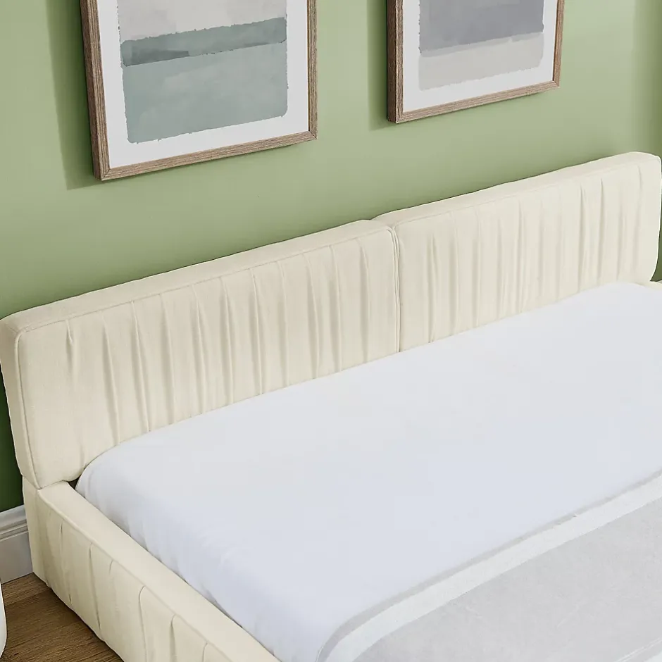 Okwish Lit Double Capitonné 140x200 cm, Tête de Lit, Structure Bois d'Eucalyptus Métal, Chenille Doux, Beige, Sans Matelas