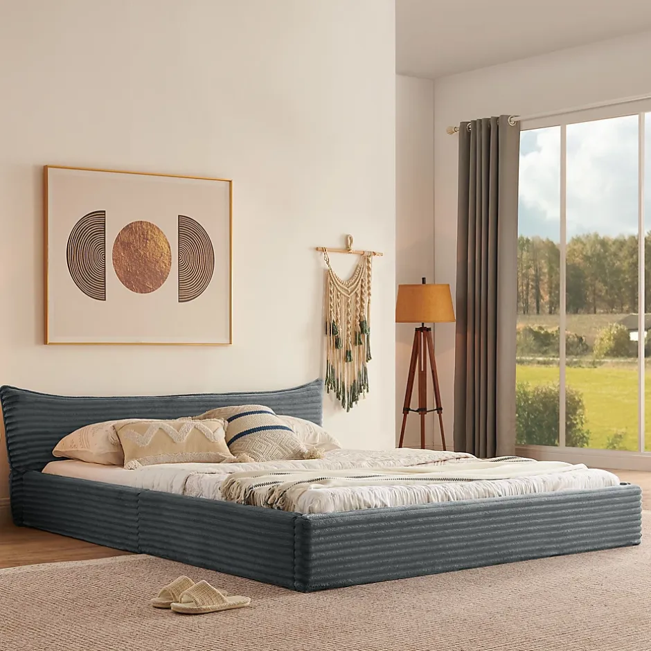 Okwish Lit Double Capitonné 160x200 cm, Chenille Doux, Tête de Lit Élégante, Cadre Bois Métal Solide, Gris Foncé, Sans Matelas Best