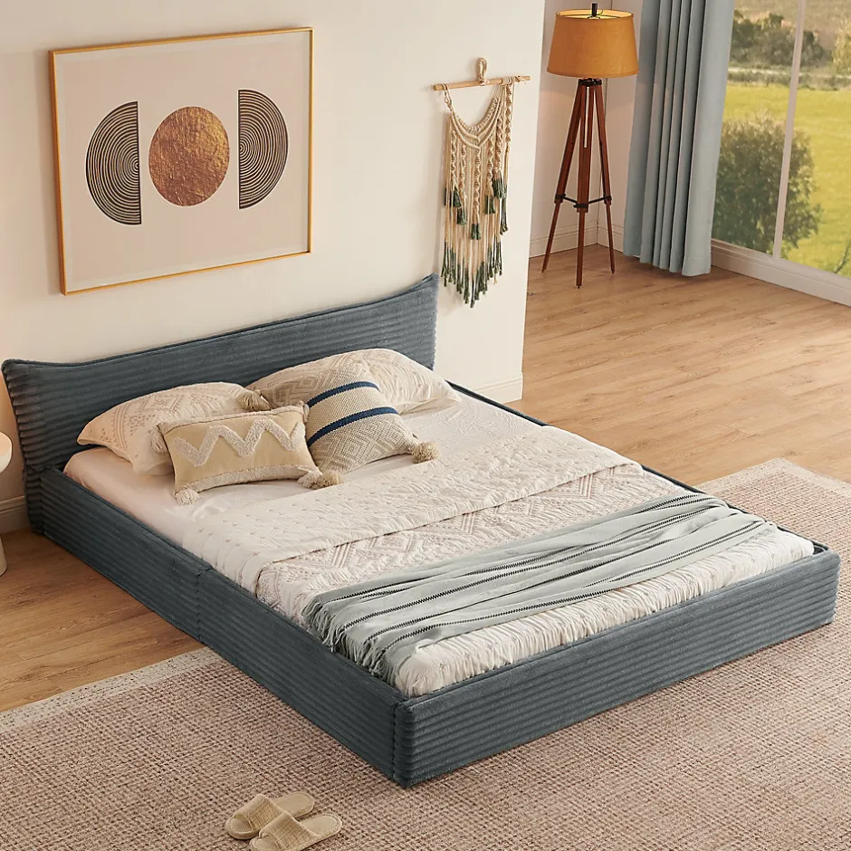 Okwish Lit Double Capitonné 160x200 cm, Chenille Doux, Tête de Lit Élégante, Cadre Bois Métal Solide, Gris Foncé, Sans Matelas Best