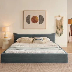 Okwish Lit Double Capitonné 160x200 cm, Chenille Doux, Tête de Lit Élégante, Cadre Bois Métal Solide, Gris Foncé, Sans Matelas Best