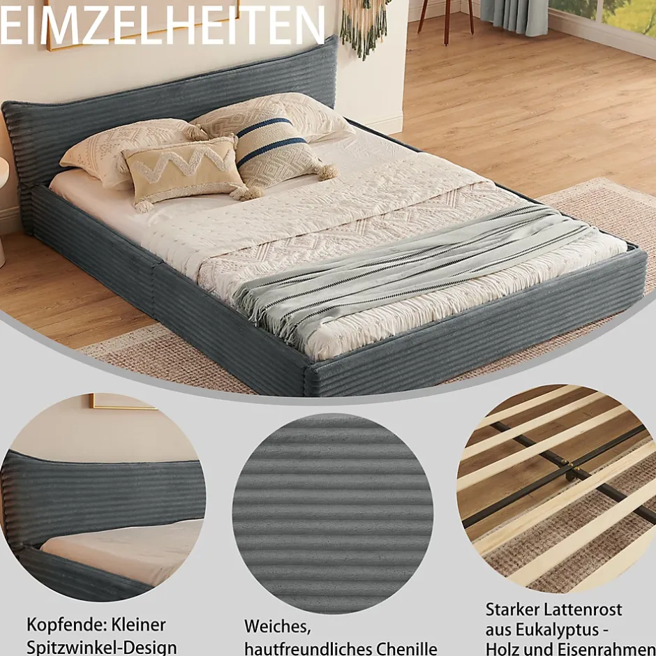 Okwish Lit Double Capitonné 160x200 cm, Chenille Doux, Tête de Lit Élégante, Cadre Bois Métal Solide, Gris Foncé, Sans Matelas Best
