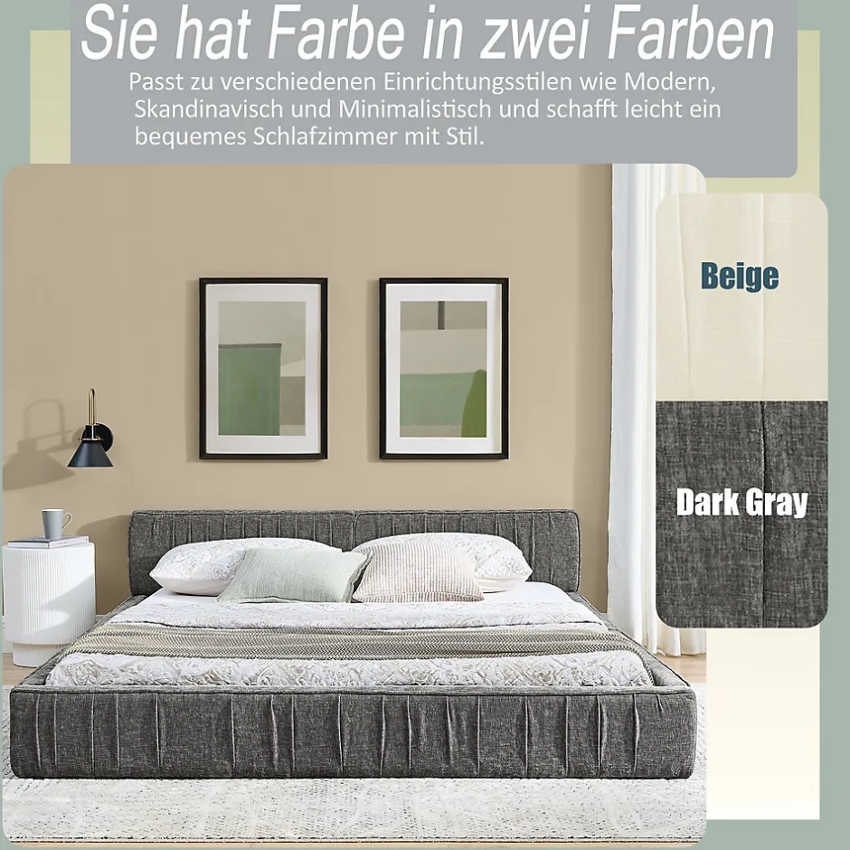 Okwish Lit Double Capitonné 140x200 cm, Tête de Lit, Structure Bois d'Eucalyptus Métal, Chenille Doux, Gris Foncé, Sans Matelas Outlet
