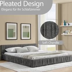Okwish Lit Double Capitonné 140x200 cm, Tête de Lit, Structure Bois d'Eucalyptus Métal, Chenille Doux, Gris Foncé, Sans Matelas Outlet
