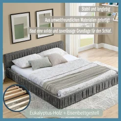 Okwish Lit Double Capitonné 140x200 cm, Tête de Lit, Structure Bois d'Eucalyptus Métal, Chenille Doux, Gris Foncé, Sans Matelas Outlet