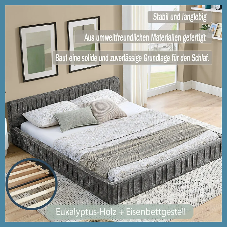 Okwish Lit Double Capitonné 140x200 cm, Tête de Lit, Structure Bois d'Eucalyptus Métal, Chenille Doux, Gris Foncé, Sans Matelas Outlet