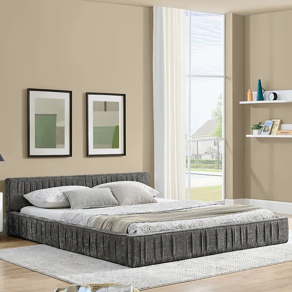 Okwish Lit Double Capitonné 140x200 cm, Tête de Lit, Structure Bois d'Eucalyptus Métal, Chenille Doux, Gris Foncé, Sans Matelas Outlet