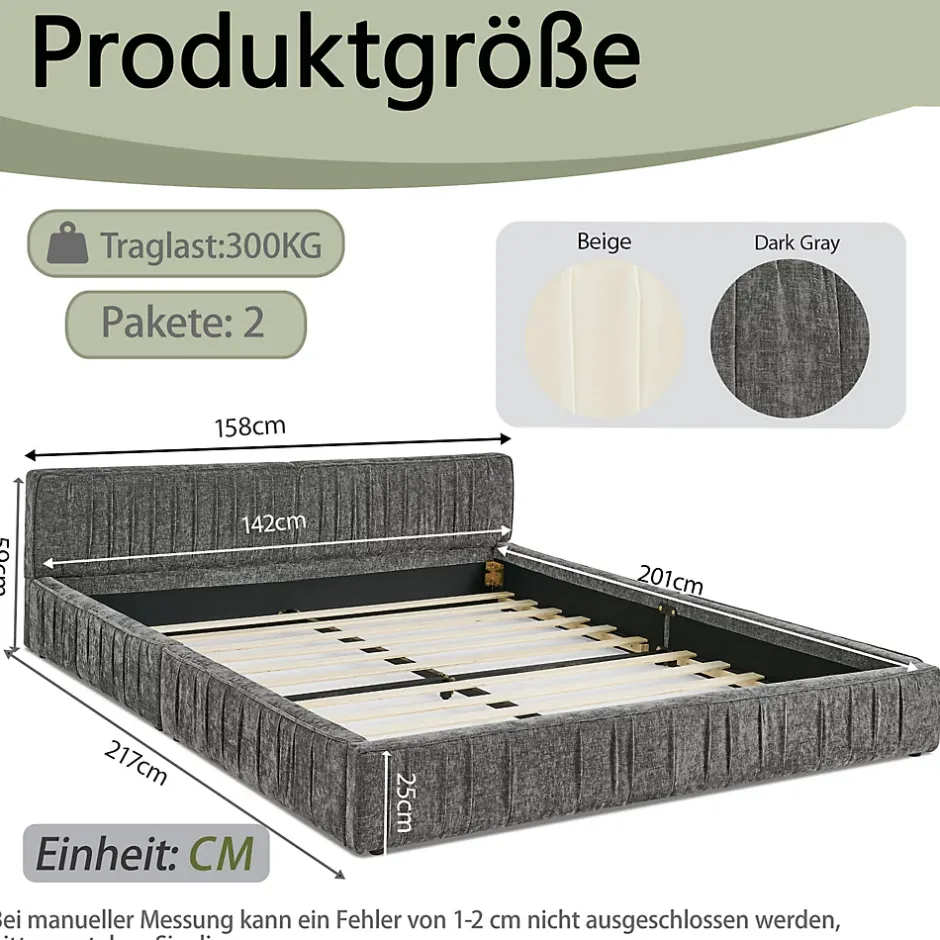 Okwish Lit Double Capitonné 140x200 cm, Tête de Lit, Structure Bois d'Eucalyptus Métal, Chenille Doux, Gris Foncé, Sans Matelas Outlet