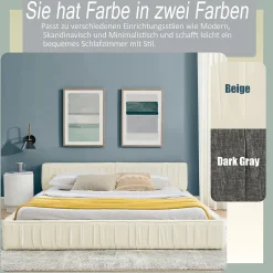 Okwish Lit Double Capitonné 160x200 cm, Tête de Lit, Structure Bois d'Eucalyptus Métal, Chenille Doux, Beige, Sans Matelas