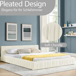 Okwish Lit Double Capitonné 160x200 cm, Tête de Lit, Structure Bois d'Eucalyptus Métal, Chenille Doux, Beige, Sans Matelas