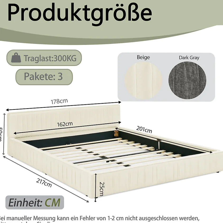 Okwish Lit Double Capitonné 160x200 cm, Tête de Lit, Structure Bois d'Eucalyptus Métal, Chenille Doux, Beige, Sans Matelas