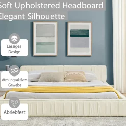 Okwish Lit Double Capitonné 160x200 cm, Tête de Lit, Structure Bois d'Eucalyptus Métal, Chenille Doux, Beige, Sans Matelas