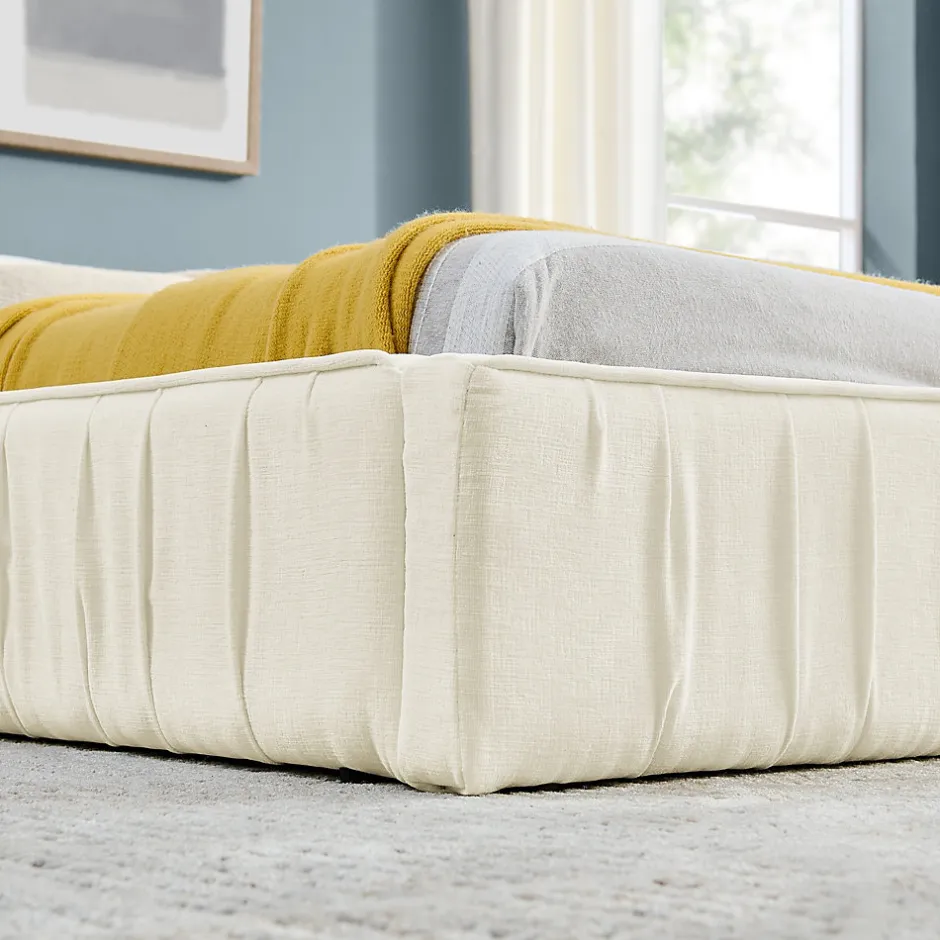 Okwish Lit Double Capitonné 160x200 cm, Tête de Lit, Structure Bois d'Eucalyptus Métal, Chenille Doux, Beige, Sans Matelas