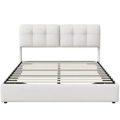 Fortuna lai Lit double capitonné 140x200 cm,éclairage LED, ports et prises USB, sommier à lattes, linge, lit queen,Beige