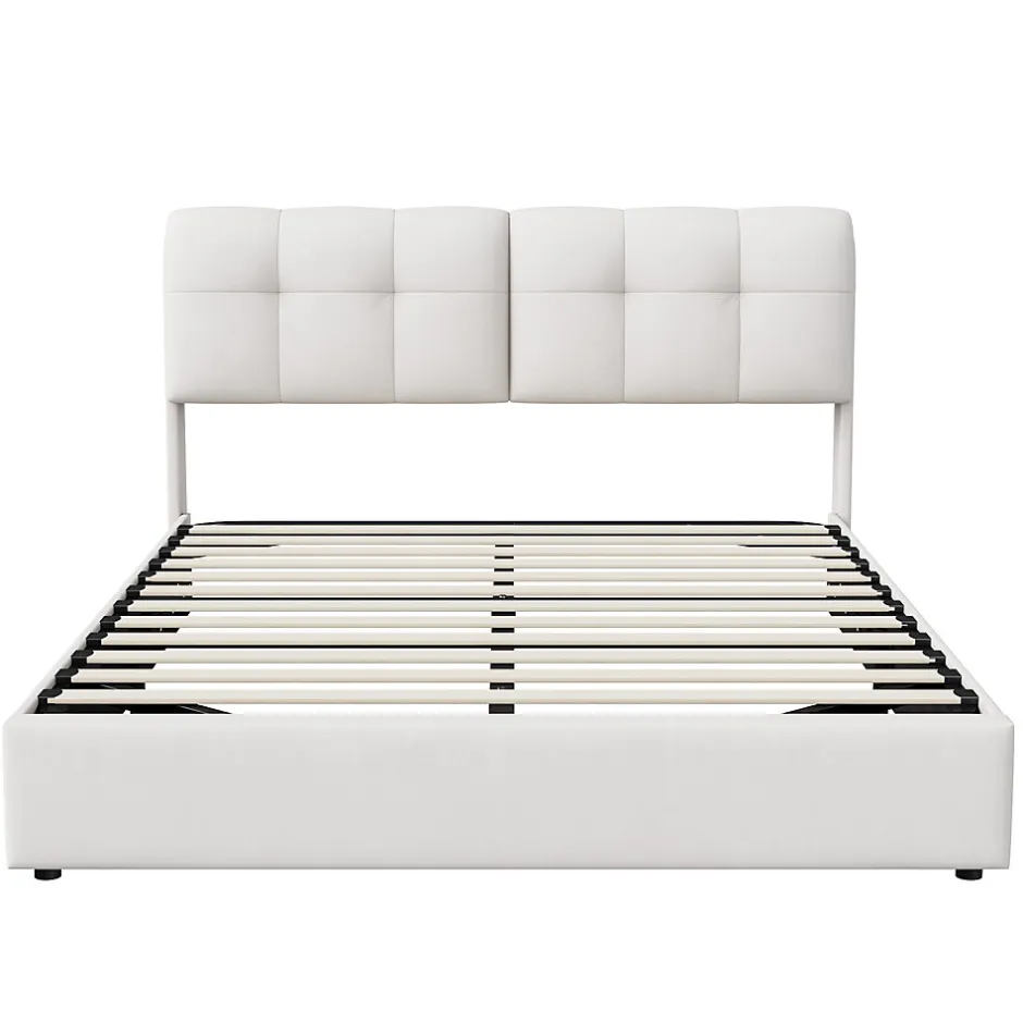 Fortuna lai Lit double capitonné 140x200 cm,éclairage LED, ports et prises USB, sommier à lattes, linge, lit queen,Beige