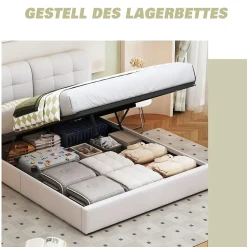 Fortuna lai Lit double capitonné 140x200 cm,éclairage LED, ports et prises USB, sommier à lattes, linge, lit queen,Beige