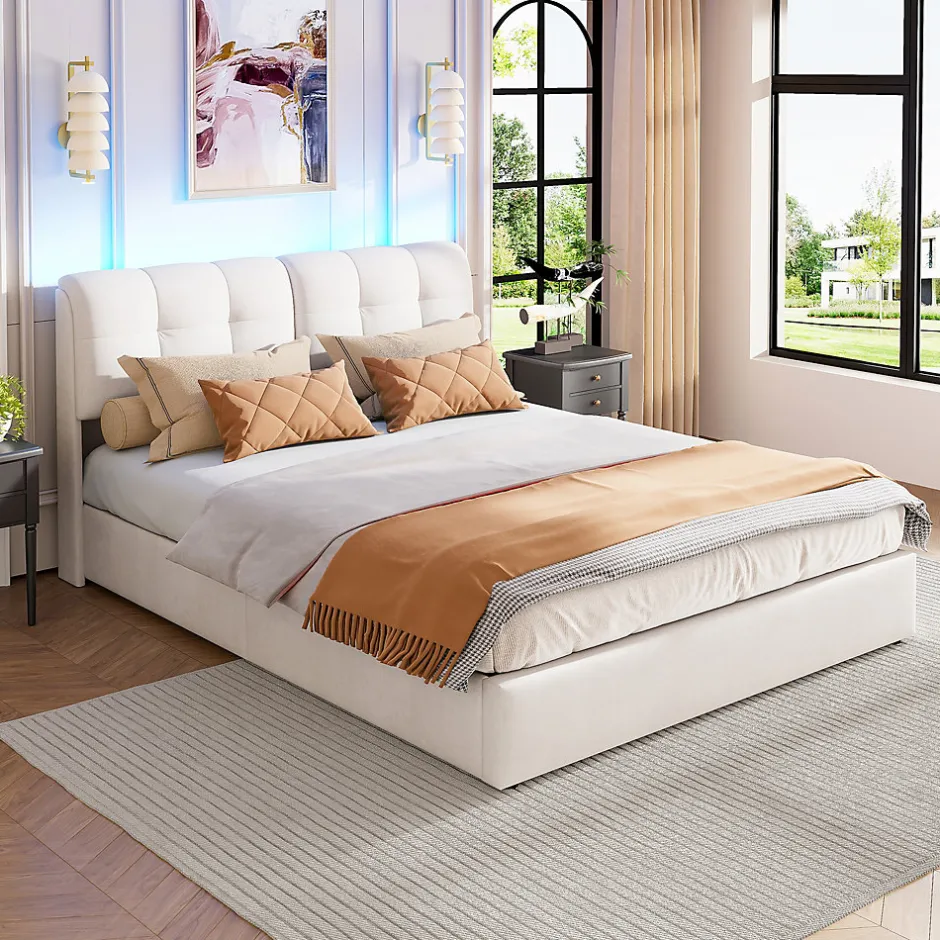 Fortuna lai Lit double capitonné 140x200 cm,éclairage LED, ports et prises USB, sommier à lattes, linge, lit queen,Beige
