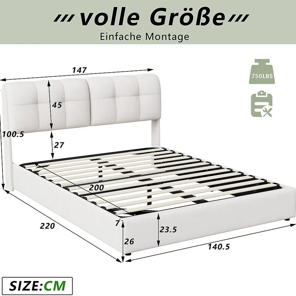 Fortuna lai Lit double capitonné 140x200 cm,éclairage LED, ports et prises USB, sommier à lattes, linge, lit queen,Beige