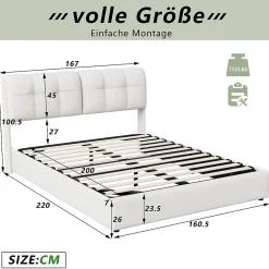 Fortuna lai Lit double capitonné 140x200 cm,éclairage LED, ports et prises USB, sommier à lattes, linge, lit queen,Beige