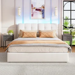 Fortuna lai Lit double capitonné 140x200 cm,éclairage LED, ports et prises USB, sommier à lattes, linge, lit queen,Beige