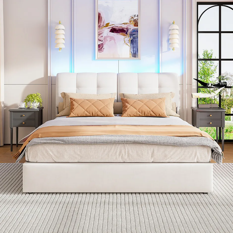 Fortuna lai Lit double capitonné 140x200 cm,éclairage LED, ports et prises USB, sommier à lattes, linge, lit queen,Beige