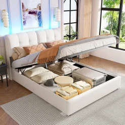 Fortuna lai Lit double capitonné 140x200 cm,éclairage LED, ports et prises USB, sommier à lattes, linge, lit queen,Beige