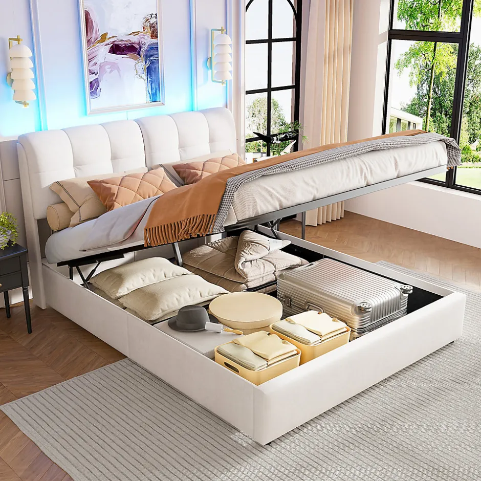 Fortuna lai Lit double capitonné 140x200 cm,éclairage LED, ports et prises USB, sommier à lattes, linge, lit queen,Beige