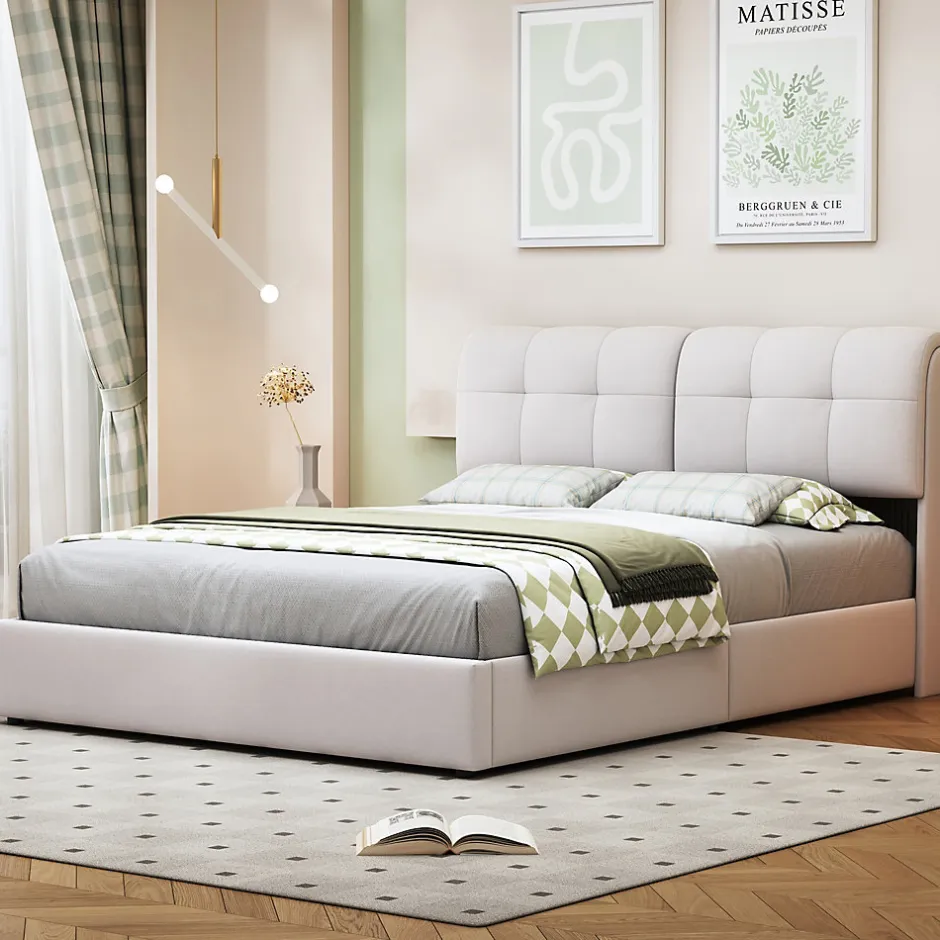 Fortuna lai Lit double capitonné 140x200 cm,éclairage LED, ports et prises USB, sommier à lattes, linge, lit queen,Beige