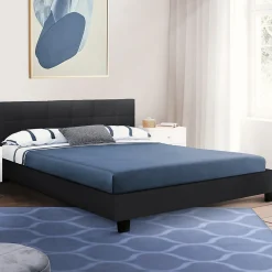 IDMarket Lit double CHARLOTTE avec tête de lit et sommier 140 x 190 cm PVC noir
