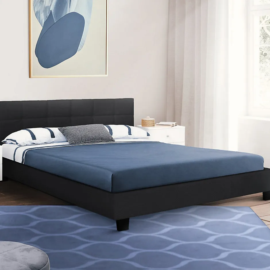 IDMarket Lit double CHARLOTTE avec tête de lit et sommier 140 x 190 cm PVC noir