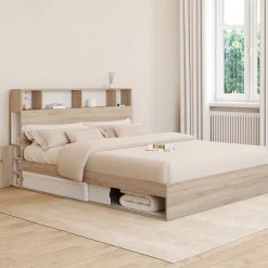IDMarket Lit double CLEM avec rangements + tête de lit et sommier 160 x 200 cm hêtre et blanc Clearance