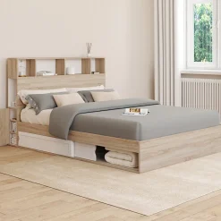 IDMarket Lit double CLEM avec rangements + tête de lit et sommier 140 x 190 cm hêtre et blanc