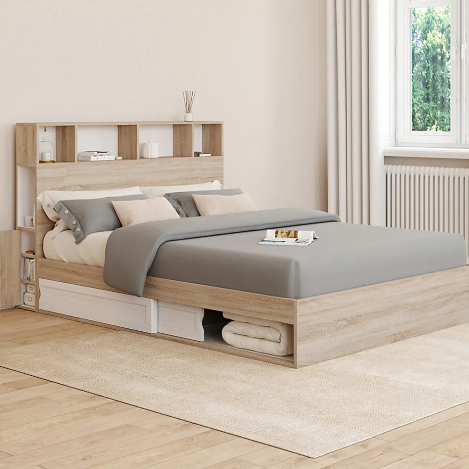 IDMarket Lit double CLEM avec rangements + tête de lit et sommier 140 x 190 cm hêtre et blanc