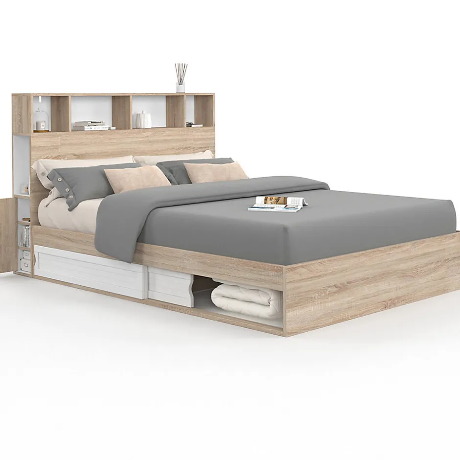 IDMarket Lit double CLEM avec rangements + tête de lit et sommier 140 x 190 cm hêtre et blanc